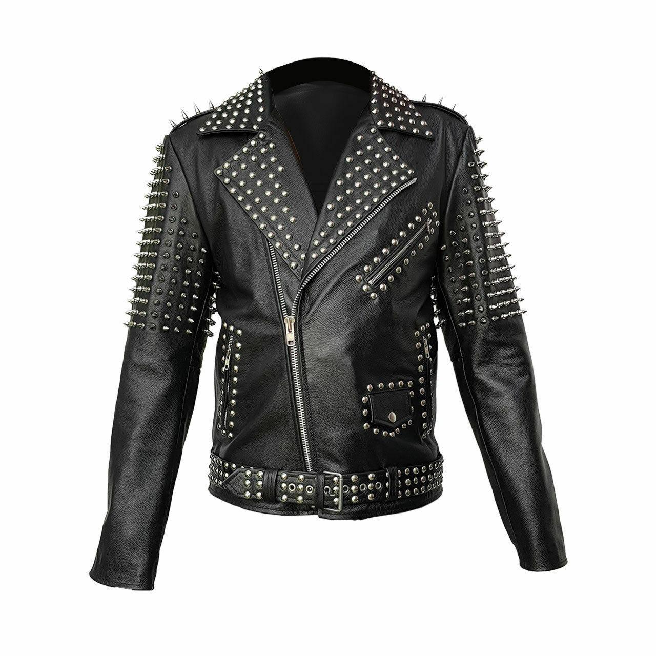 Men Rock Punk Style Black Leather Jacket with Studs, Studded Leather Jacket