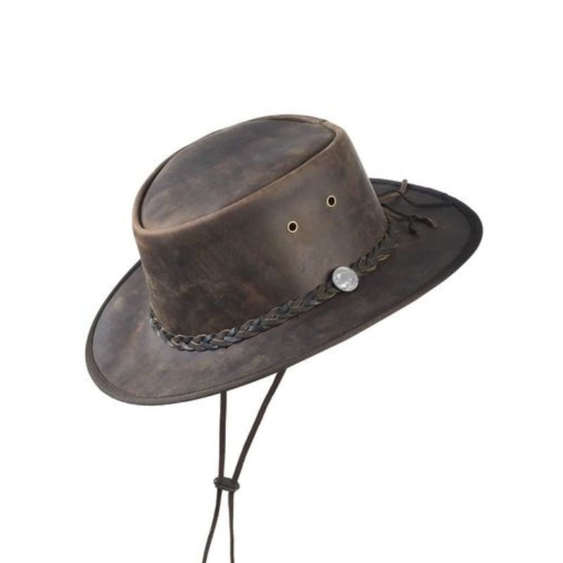 Leatherick Cowboy Hat - Brown Braided Hat & Brown Studded Conchos Hat  Vintage Outback hat Style with Wide Brim and Chin Cord
