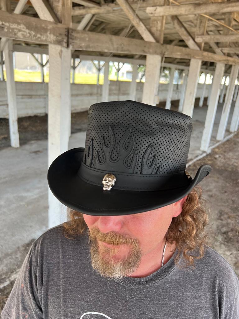 Fire Top Hat - Skull Band - Black Color - 2024 Handmade with 100% Cowhide Leather - New with Tags