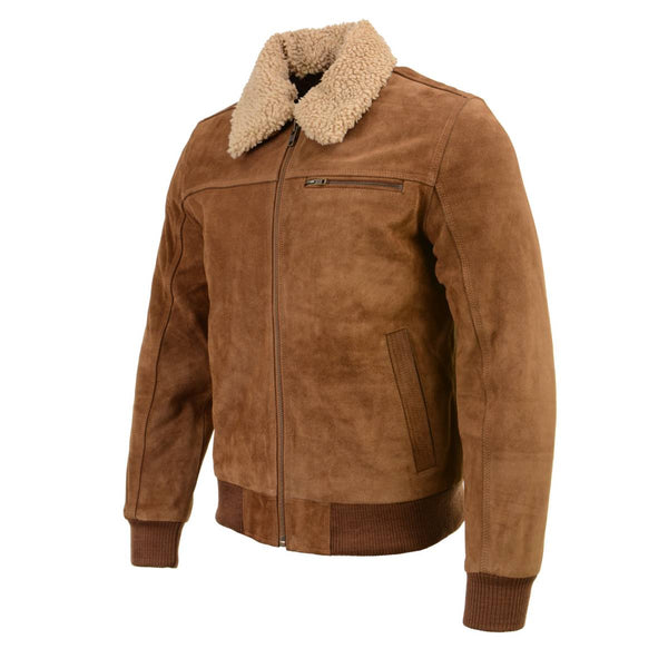 Men's Suede Leather Vintage Bomber Jacket With Shearling Collar
