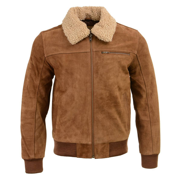 Men's Suede Leather Vintage Bomber Jacket With Shearling Collar