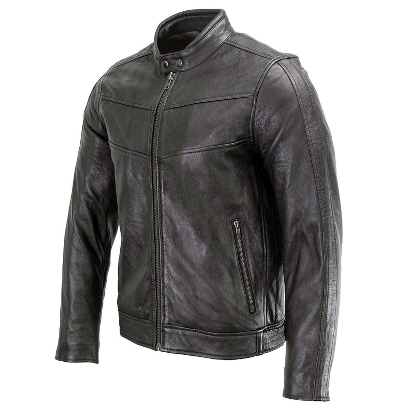 Men's Black Leather Snap Tab Collar Cafe Racer Jacket