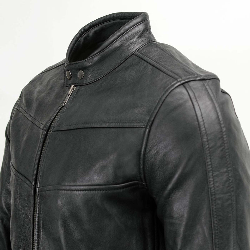 Men's Black Leather Snap Tab Collar Cafe Racer Jacket