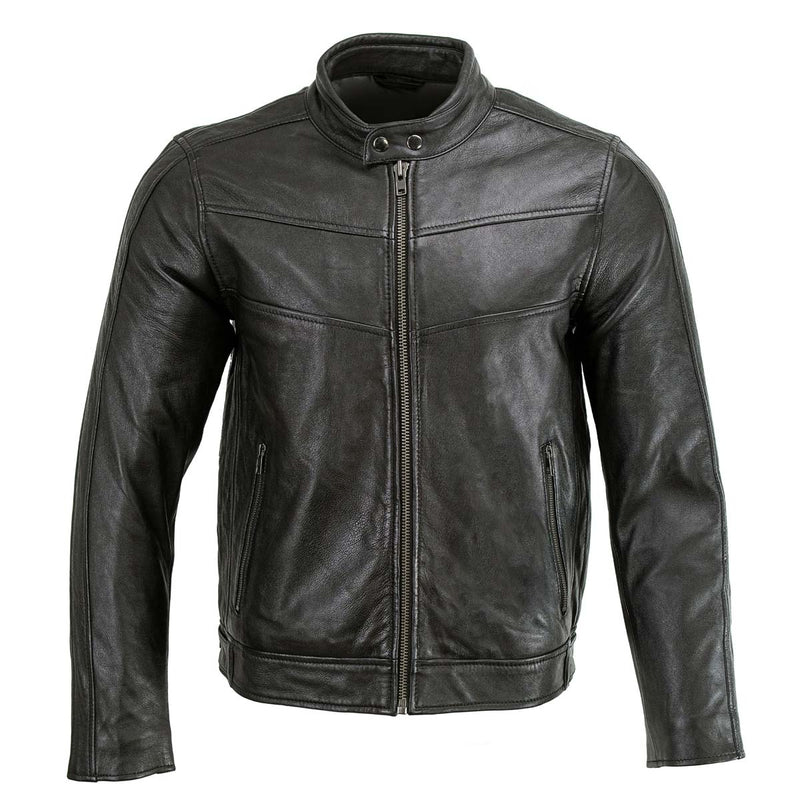 Men's Black Leather Snap Tab Collar Cafe Racer Jacket