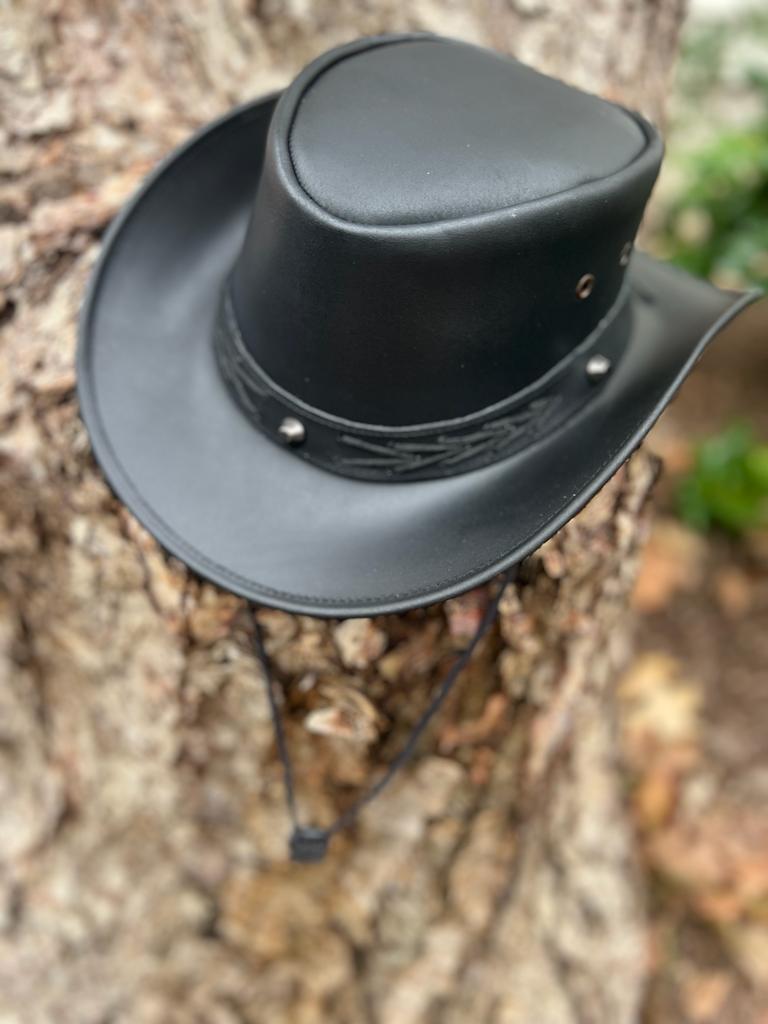 Studded Black Leather Cowboy Hat with Leather Chinstrap – MARA Leather