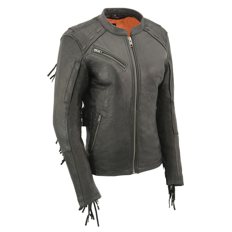 Women's Black Fringed Leather Lightweight Motorcycle Jacket