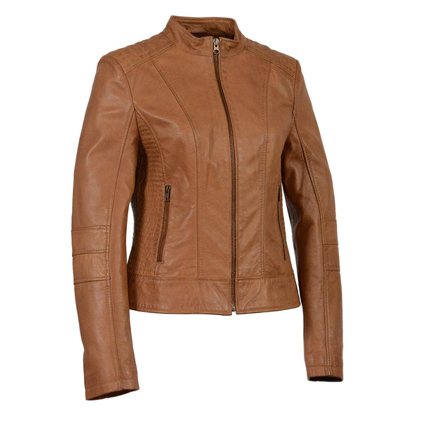 Women's Brown Leather Saddle Zip Jacket w/ Stand Up Collar