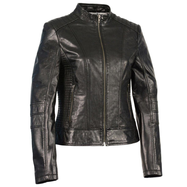 Women's Black Leather Saddle Zip Jacket w/ Stand Up Collar