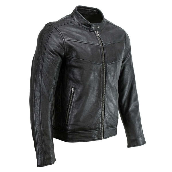 Men's Black Leather Snap Tab Collar Cafe Racer Jacket