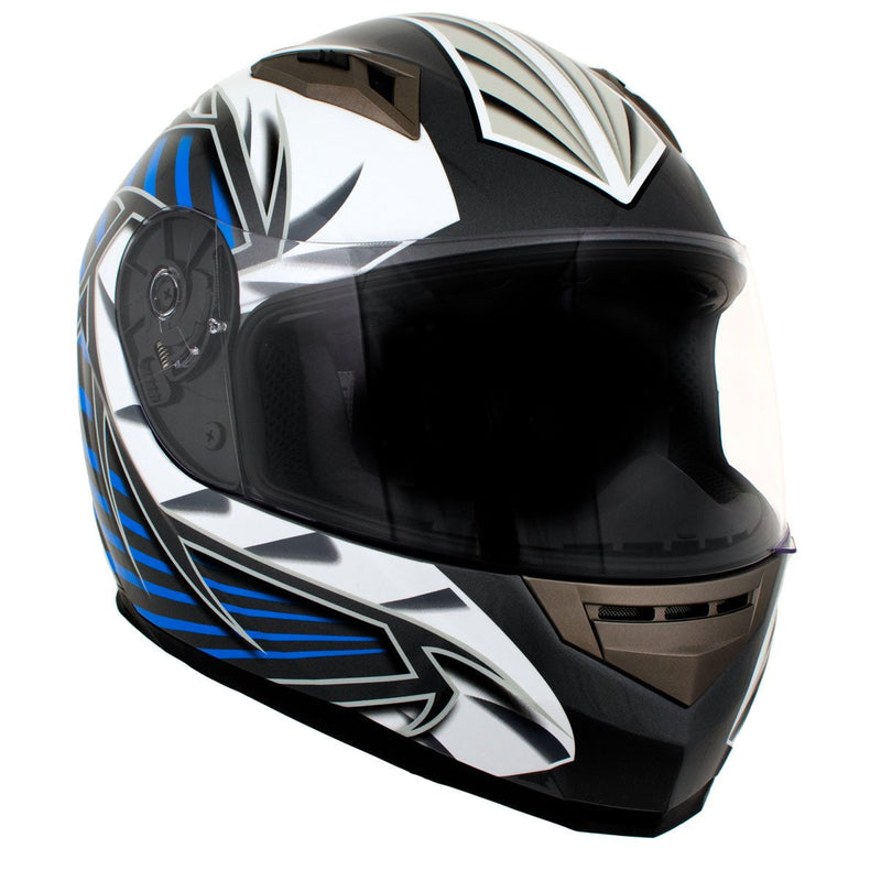 Titanium and Blue Black Full Face Motorcycle Helmet w/ Intercom - Built-in Speaker and Microphone for Men / Women