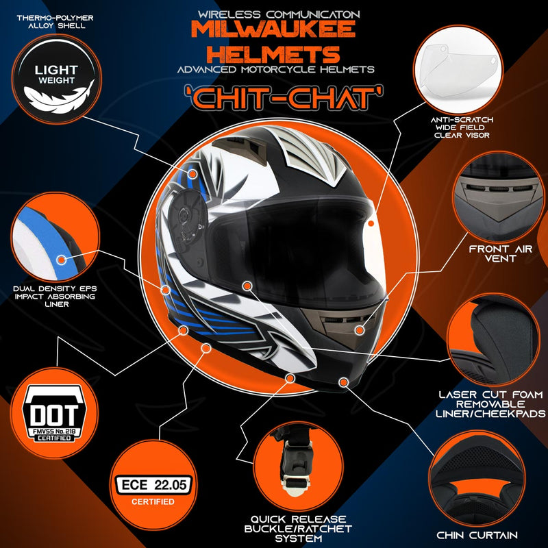 Titanium and Blue Black Full Face Motorcycle Helmet w/ Intercom - Built-in Speaker and Microphone for Men / Women