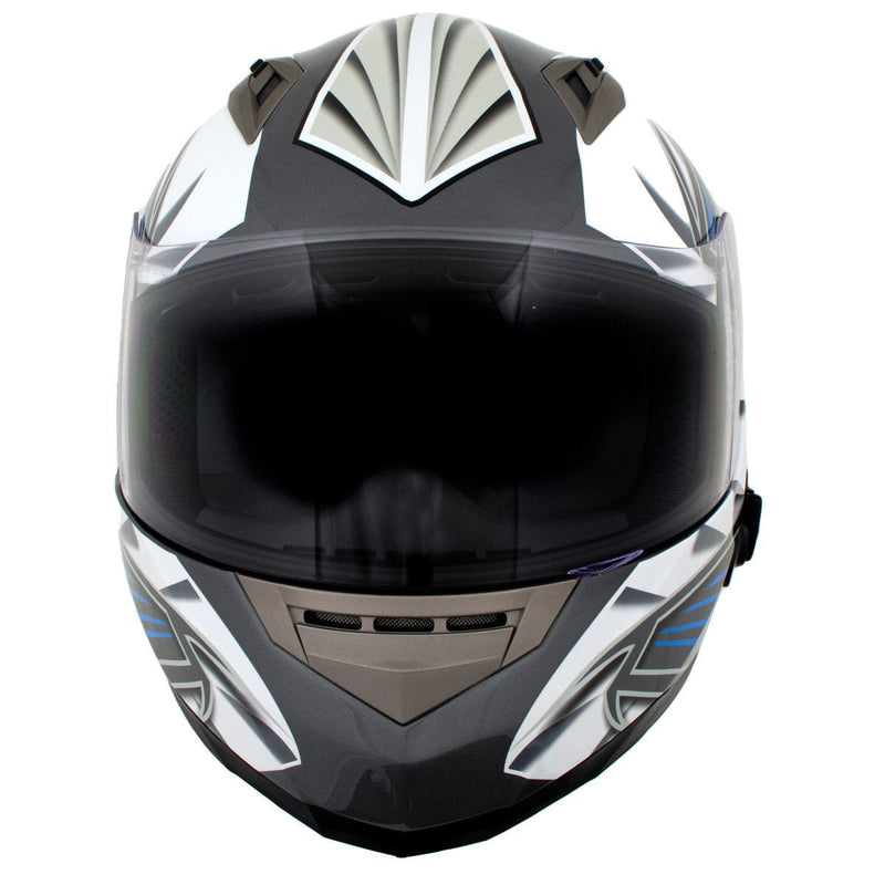 Titanium and Blue Black Full Face Motorcycle Helmet w/ Intercom - Built-in Speaker and Microphone for Men / Women