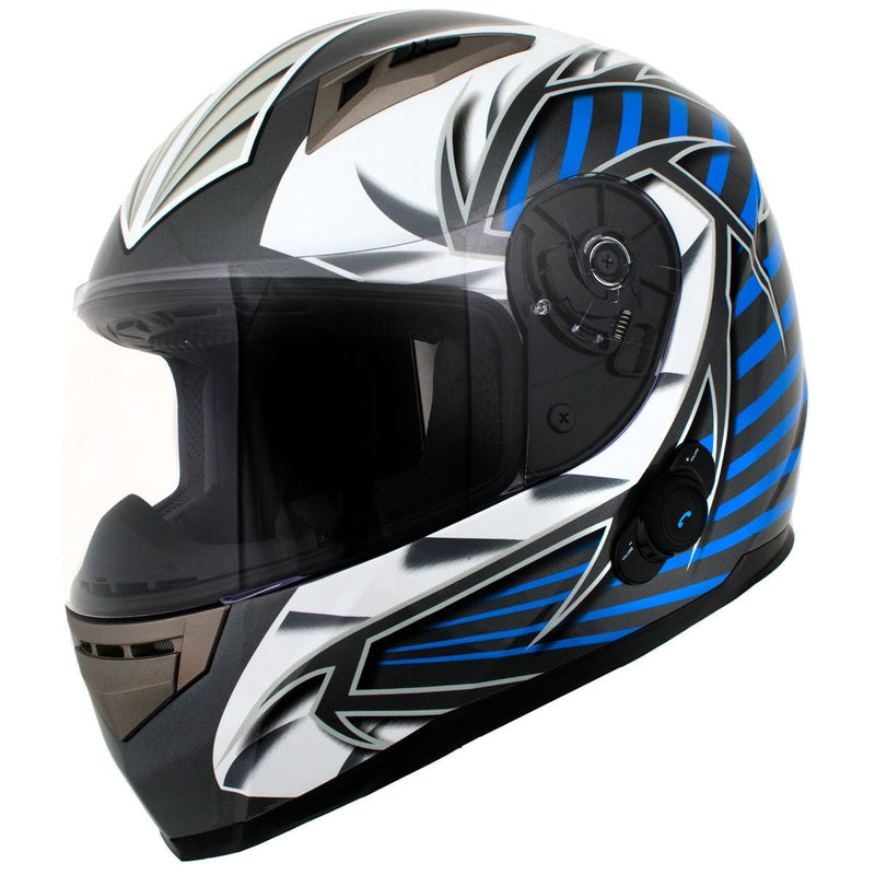 Titanium and Blue Black Full Face Motorcycle Helmet w/ Intercom - Built-in Speaker and Microphone for Men / Women