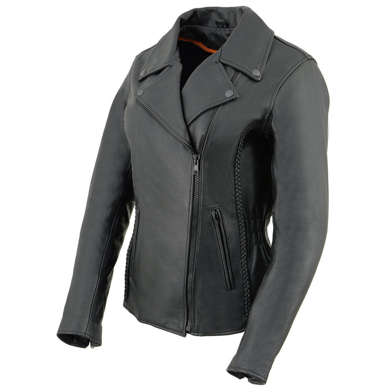 Women's Black Braided Lightweight Leather Biker Jacket