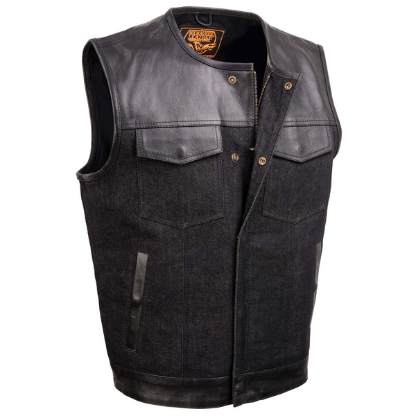 Men's Perforated Leather and Denim Combo Vest w/ Dual Hidden Closure