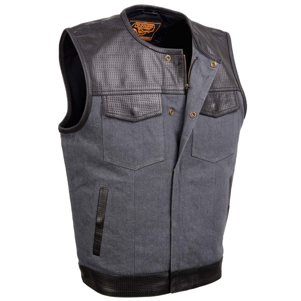 Men's Perforated Leather and Denim Combo Vest w/ Dual Hidden Closure - Grey