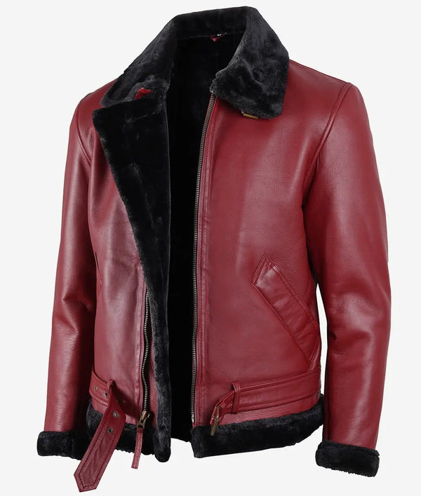 Men's Maroon Motorcycle Style Leather Sherpa Jacket