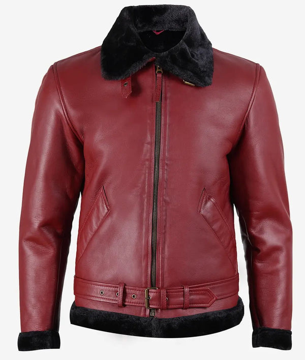 Men's Maroon Motorcycle Style Leather Sherpa Jacket