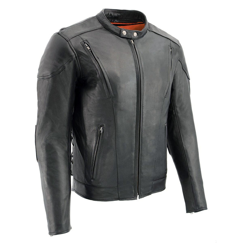 Men's Vented Leather Black Scooter Jacket w/ Side Laces in Tall Sizes