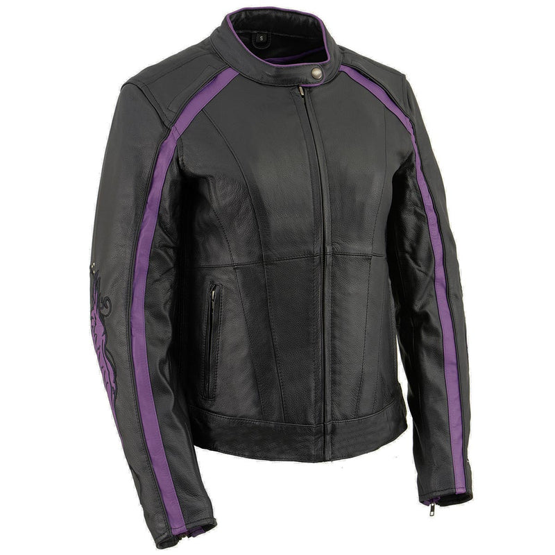Women's Black & Purple Studded Leather Scooter Jacket