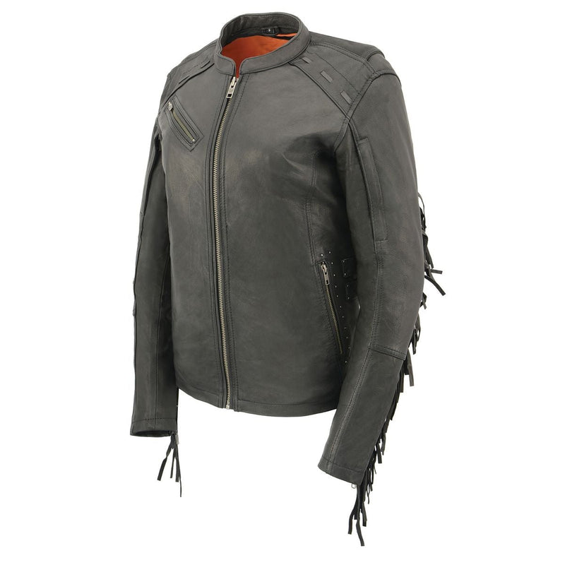 Women's Black Fringed Leather Lightweight Motorcycle Jacket