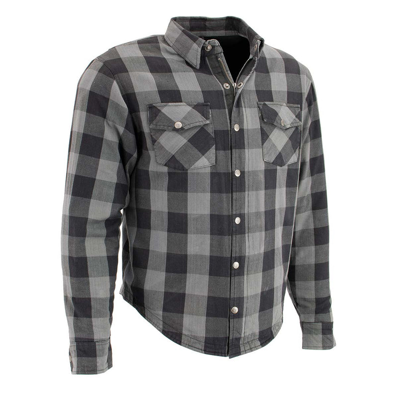 Men's Grey Plaid Motorcycle Flannel w/ CE Approved Armor