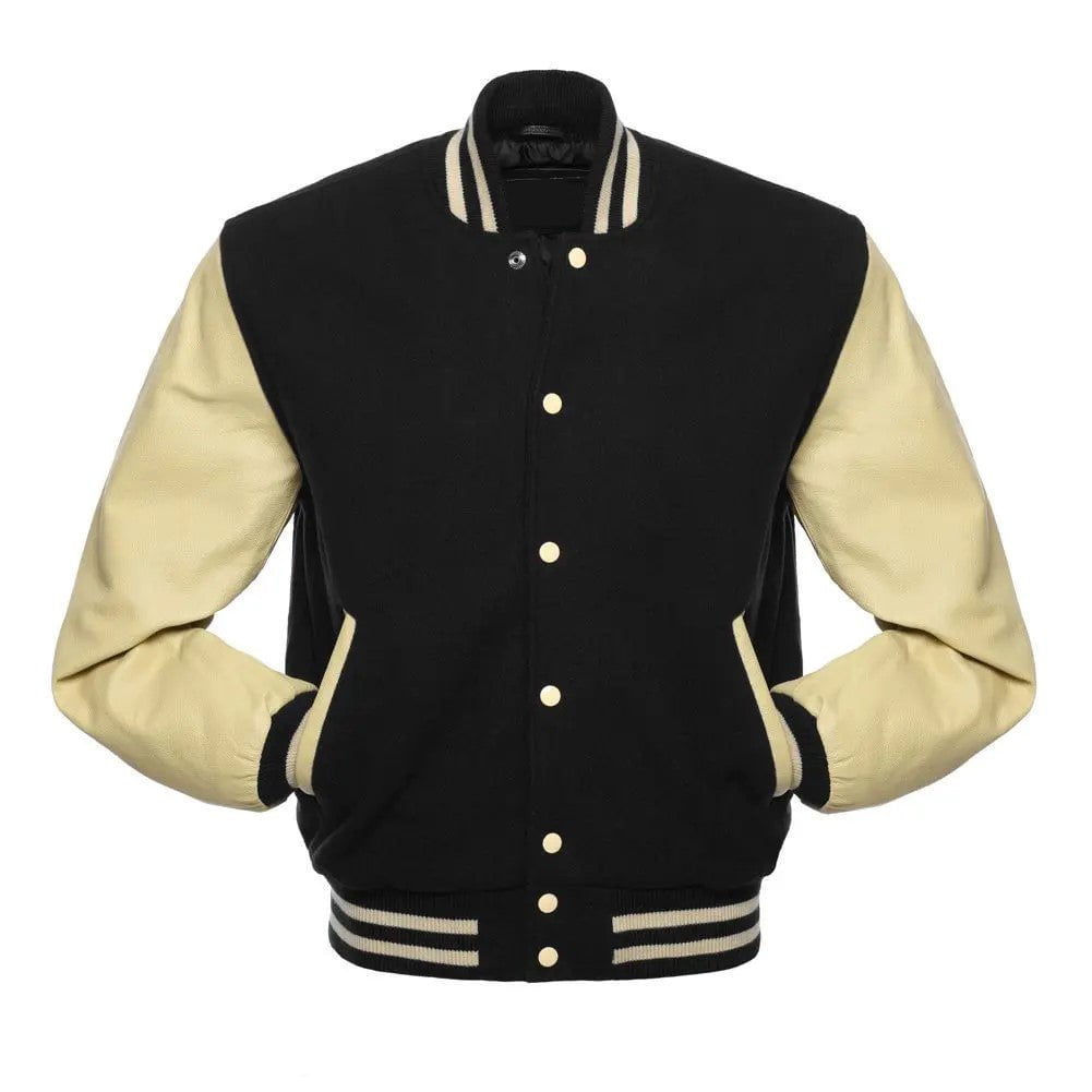 Black Wool Varsity Jacket with Off-White Leather Sleeves – MARA Leather