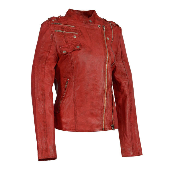 Women's Red Distressed Vegan Leather Biker Jacket