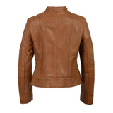 Women's Brown Leather Saddle Zip Jacket w/ Stand Up Collar