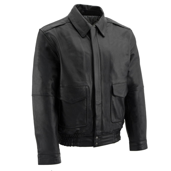 Men's Spread Collar Black Leather Bomber Jacket