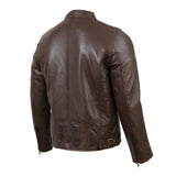 Men's Snap Tab Collar Brown Leather Cafe Racer Jacket