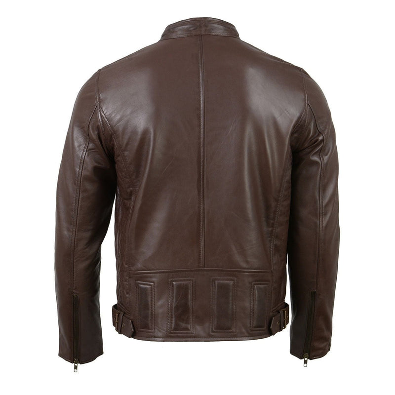 Men's Snap Tab Collar Brown Leather Cafe Racer Jacket