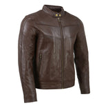 Men's Snap Tab Collar Brown Leather Cafe Racer Jacket