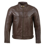 Men's Snap Tab Collar Brown Leather Cafe Racer Jacket