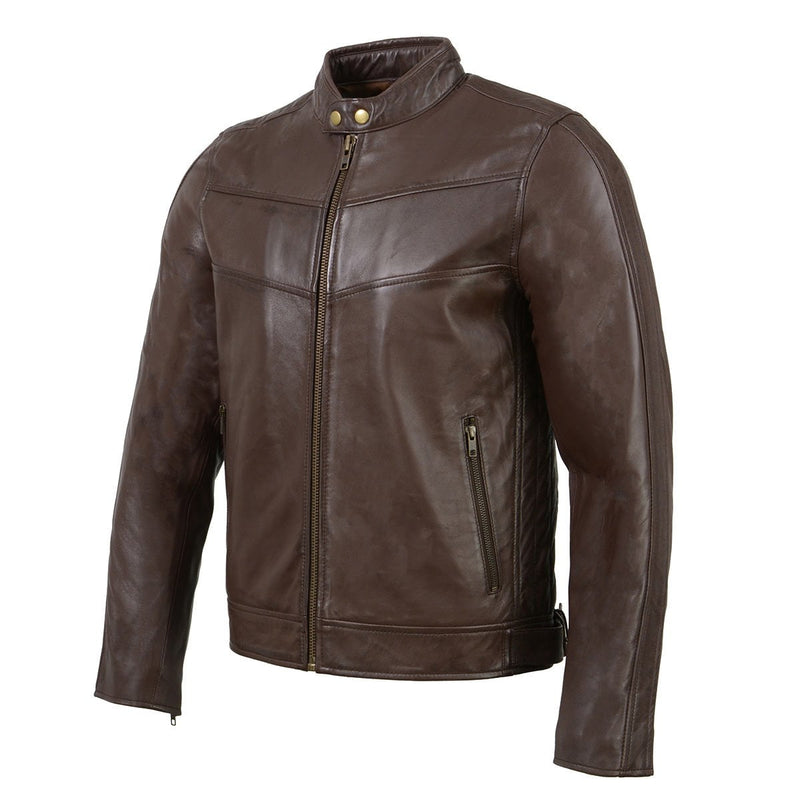 Men's Snap Tab Collar Brown Leather Cafe Racer Jacket