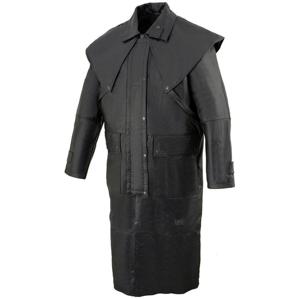 Black Leather Trench Coat Mens Cowhide Duster With Removable Liner